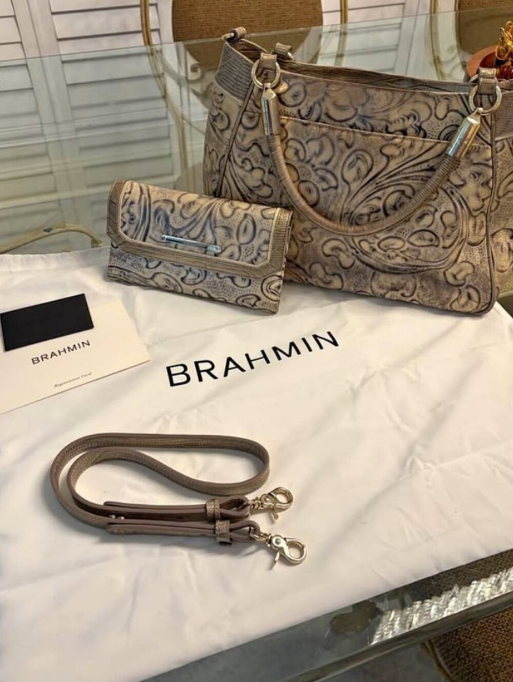 Brahmin Taupe Floral Embossed Leather Shoulder Bag with Wallet